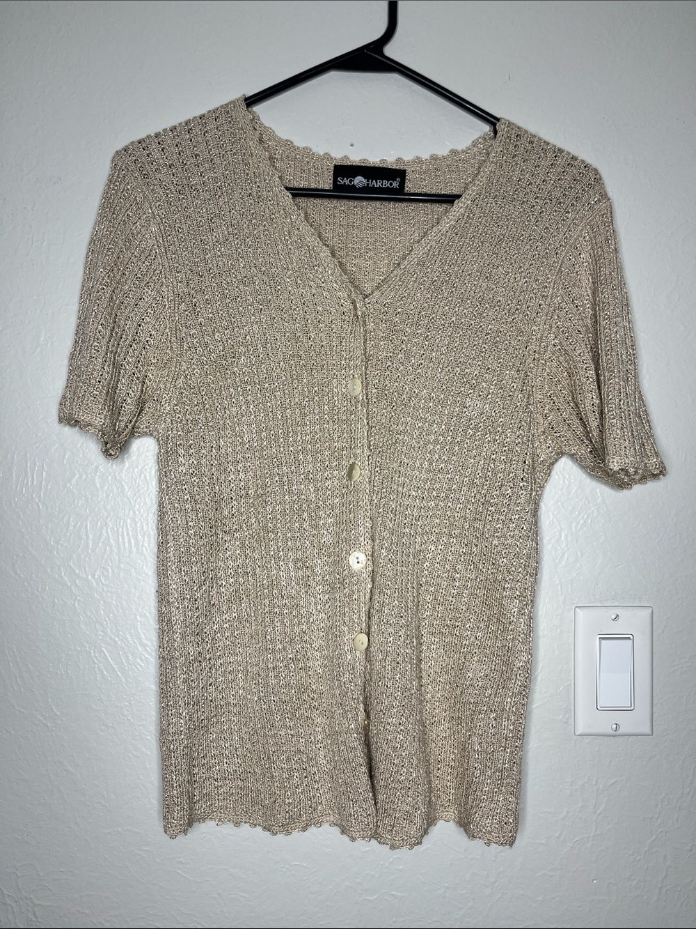Vintage Sag Harbor Short-Sleeve Beige Knit Cardigan